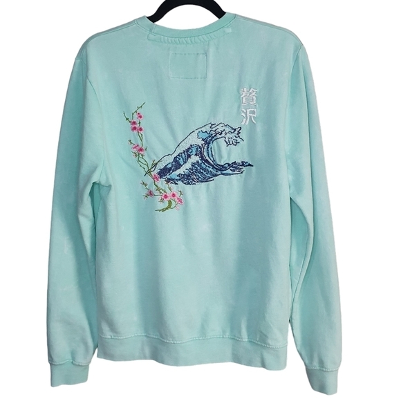 BLIND ROOSTER Embroidered Luxury Ocean Wave Crewneck Sweater Teal‎ Men's Size M - Picture 2 of 11